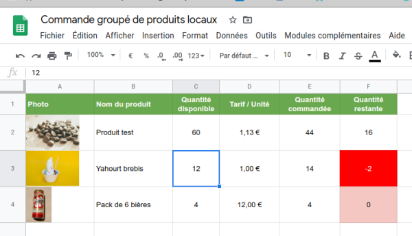 Tableau en ligne de Koweb pour achats groupés